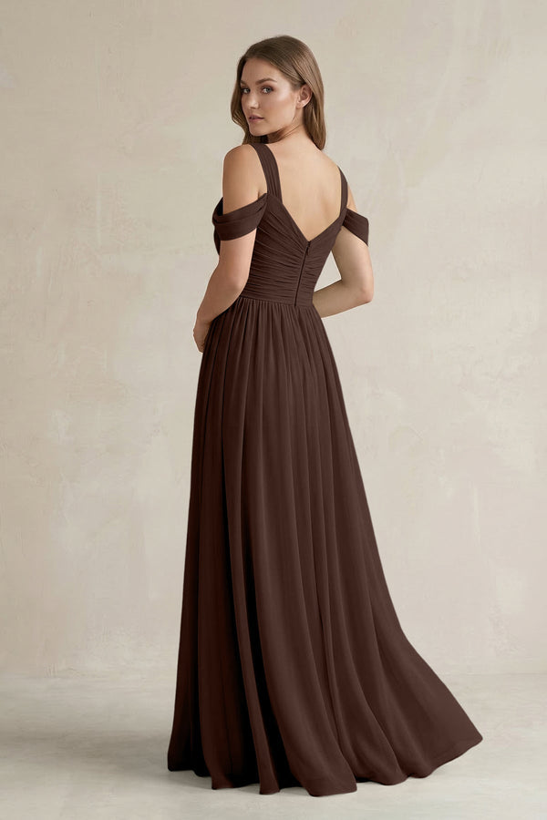 Off - the - Shoulder A - Line Chiffon Bridesmaid Dress With Slit in Espresso - KissProm Bridesmaid Dresses