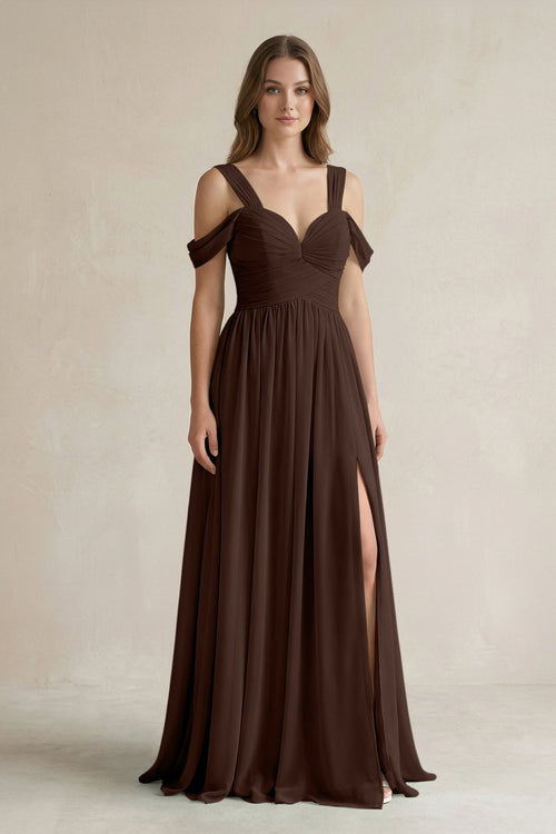 Off - the - Shoulder A - Line Chiffon Bridesmaid Dress With Slit in Espresso - KissProm Bridesmaid Dresses
