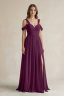 Off - the - Shoulder A - Line Chiffon Bridesmaid Dress With Slit in Fig - KissProm Bridesmaid Dresses