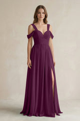 Off - the - Shoulder A - Line Chiffon Bridesmaid Dress With Slit in Fig - KissProm Bridesmaid Dresses