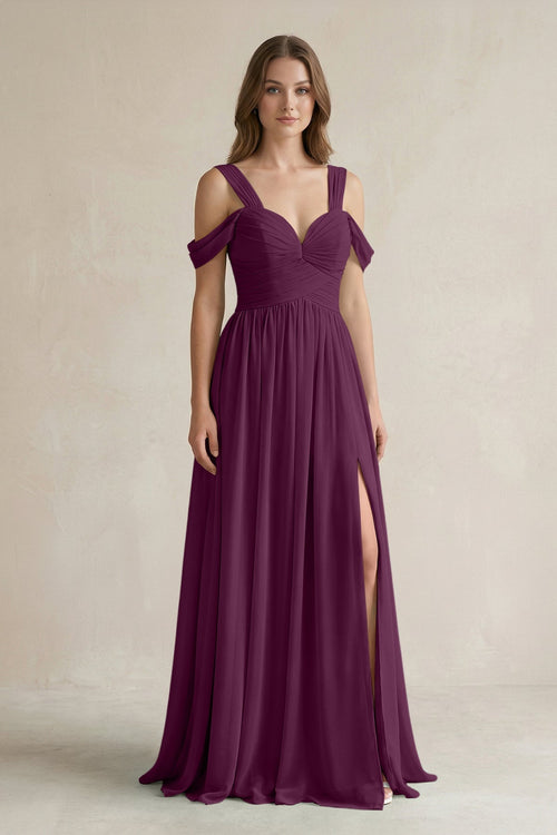 Off - the - Shoulder A - Line Chiffon Bridesmaid Dress With Slit in Fig - KissProm Bridesmaid Dresses