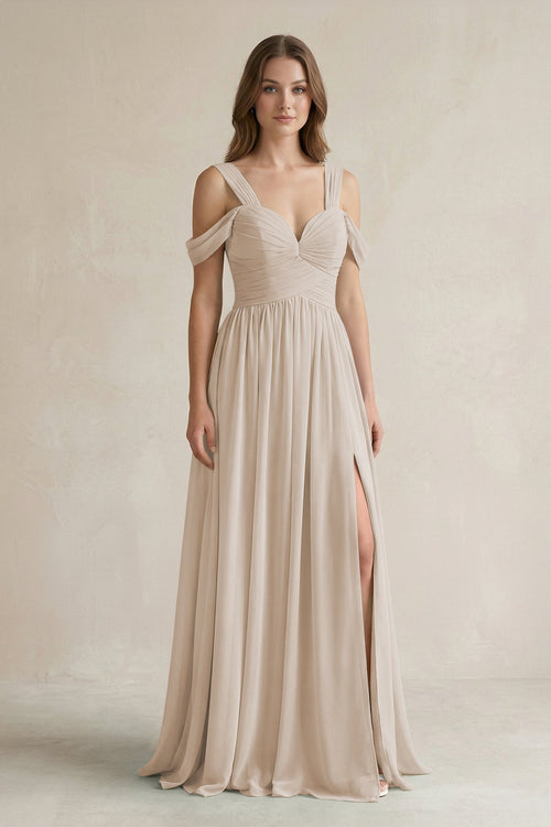 Off - the - Shoulder A - Line Chiffon Bridesmaid Dress With Slit in Frost - KissProm Bridesmaid Dresses