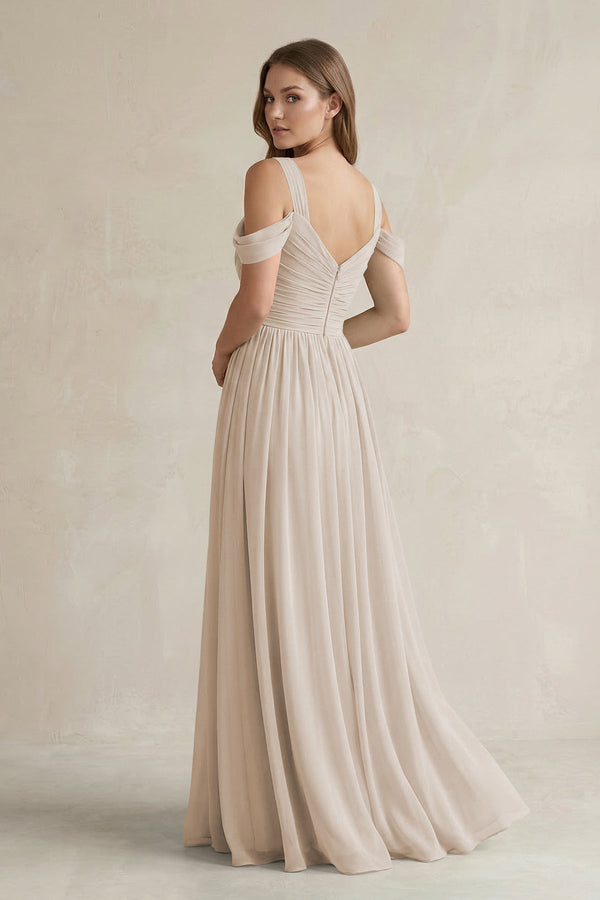 Off - the - Shoulder A - Line Chiffon Bridesmaid Dress With Slit in Frost - KissProm Bridesmaid Dresses