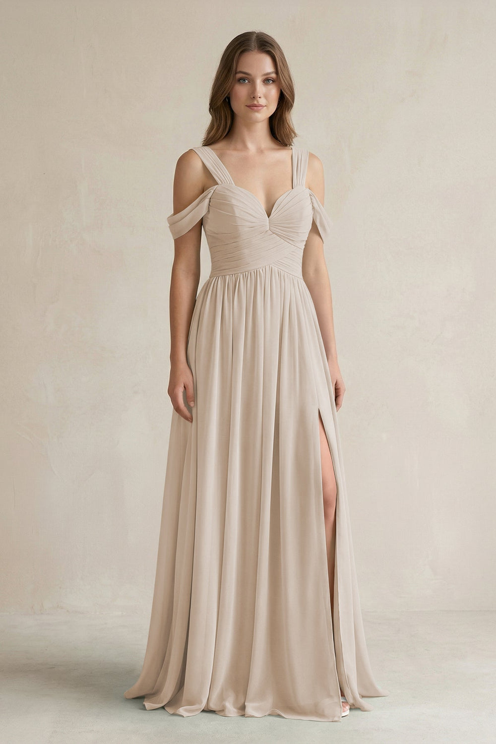 Off - the - Shoulder A - Line Chiffon Bridesmaid Dress With Slit in Frost - KissProm Bridesmaid Dresses