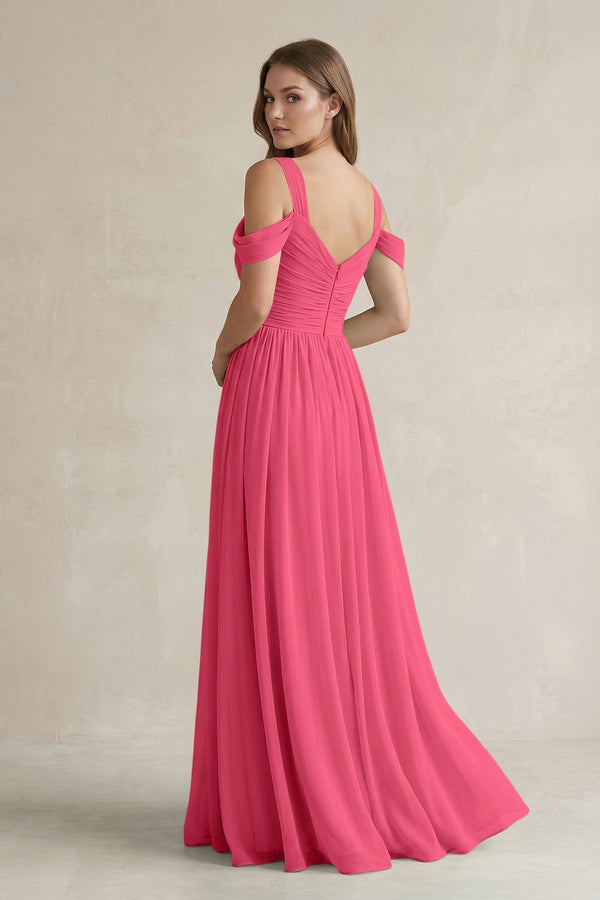 Off - the - Shoulder A - Line Chiffon Bridesmaid Dress With Slit in Fuchsia - KissProm Bridesmaid Dresses