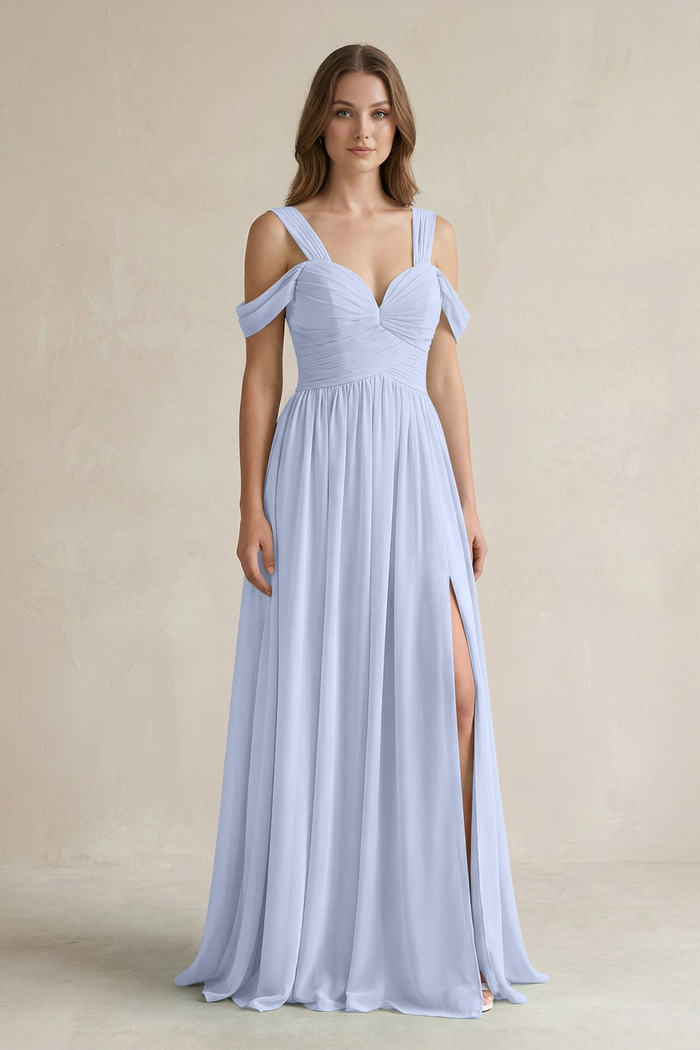 Off - the - Shoulder A - Line Chiffon Bridesmaid Dress With Slit in Ice - KissProm Bridesmaid Dresses