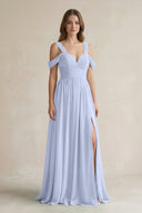 Off - the - Shoulder A - Line Chiffon Bridesmaid Dress With Slit in Ice - KissProm Bridesmaid Dresses