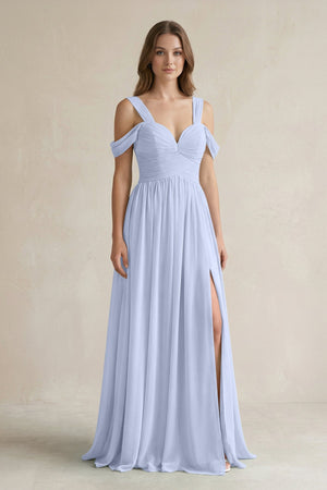 Off - the - Shoulder A - Line Chiffon Bridesmaid Dress With Slit in Ice - KissProm Bridesmaid Dresses
