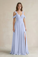 Off - the - Shoulder A - Line Chiffon Bridesmaid Dress With Slit in Ice - KissProm Bridesmaid Dresses