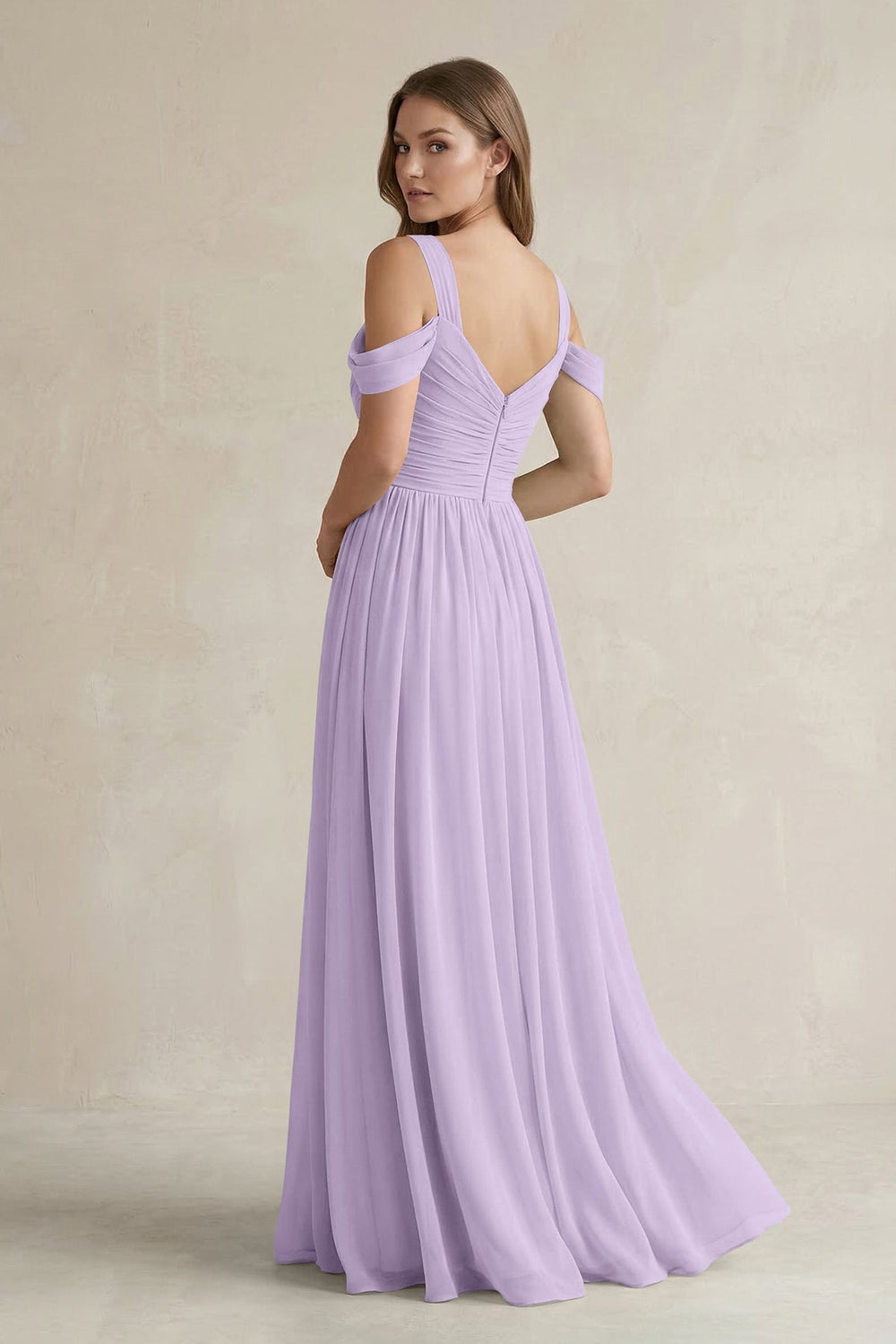 Off - the - Shoulder A - Line Chiffon Bridesmaid Dress With Slit in Lavender - KissProm Bridesmaid Dresses