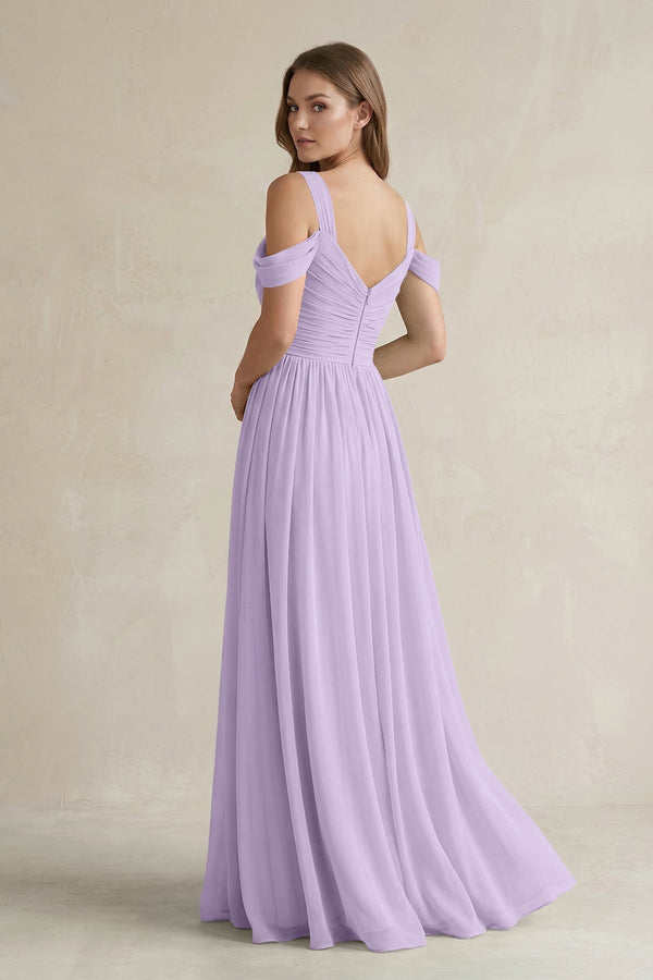 Off - the - Shoulder A - Line Chiffon Bridesmaid Dress With Slit in Lavender - KissProm Bridesmaid Dresses