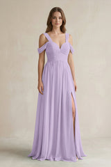 Off - the - Shoulder A - Line Chiffon Bridesmaid Dress With Slit in Lavender - KissProm Bridesmaid Dresses
