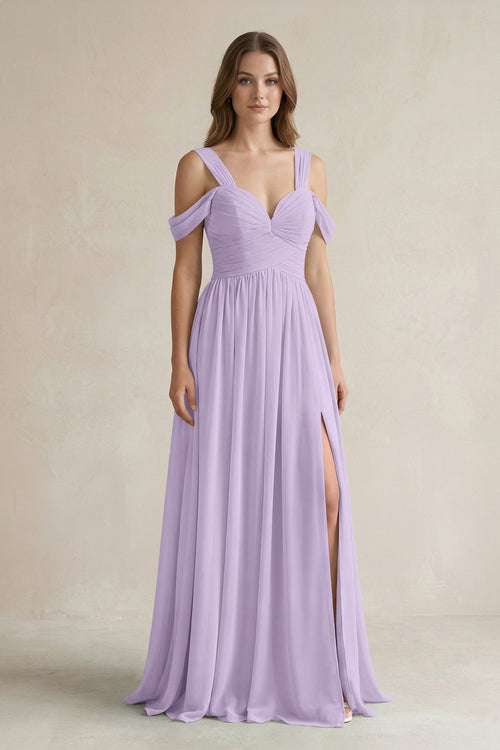Off - the - Shoulder A - Line Chiffon Bridesmaid Dress With Slit in Lavender - KissProm Bridesmaid Dresses