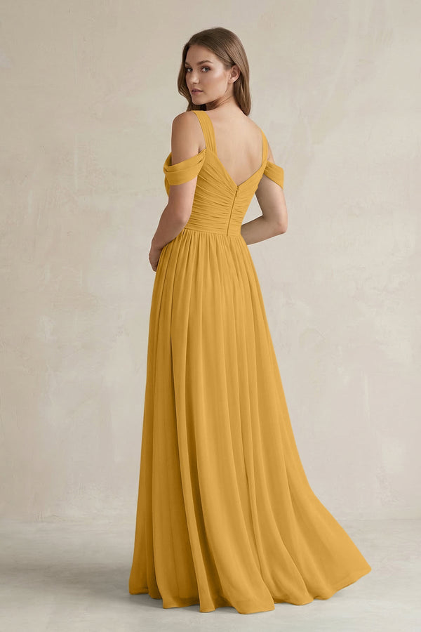 Off - the - Shoulder A - Line Chiffon Bridesmaid Dress With Slit in Marigold - KissProm Bridesmaid Dresses