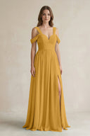 Off - the - Shoulder A - Line Chiffon Bridesmaid Dress With Slit in Marigold - KissProm Bridesmaid Dresses