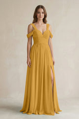 Off - the - Shoulder A - Line Chiffon Bridesmaid Dress With Slit in Marigold - KissProm Bridesmaid Dresses