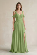 Off - the - Shoulder A - Line Chiffon Bridesmaid Dress With Slit in Matcha - KissProm Bridesmaid Dresses
