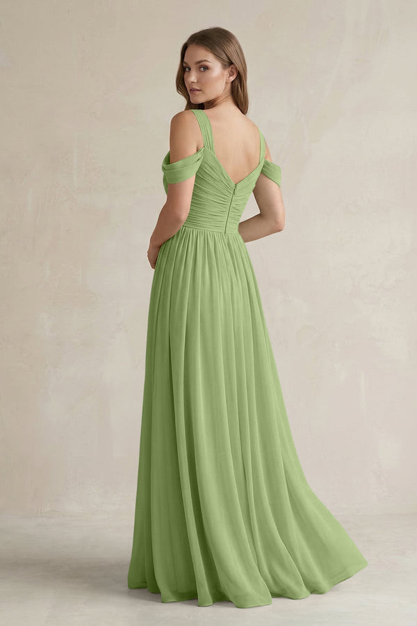 Off - the - Shoulder A - Line Chiffon Bridesmaid Dress With Slit in Matcha - KissProm Bridesmaid Dresses