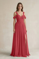 Off - the - Shoulder A - Line Chiffon Bridesmaid Dress With Slit in Merlot - KissProm Bridesmaid Dresses