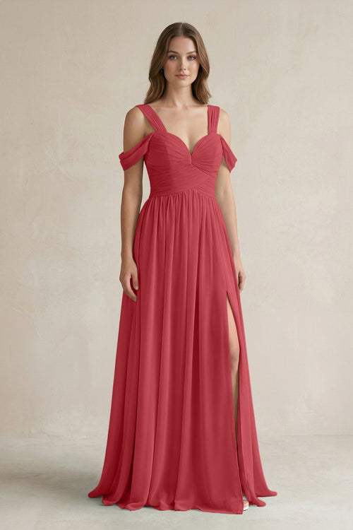 Off - the - Shoulder A - Line Chiffon Bridesmaid Dress With Slit in Merlot - KissProm Bridesmaid Dresses