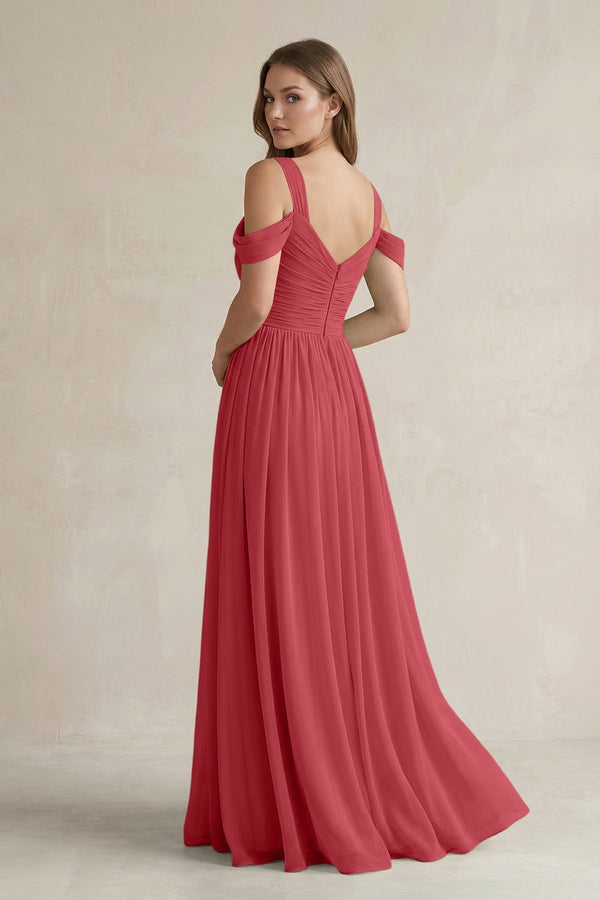 Off - the - Shoulder A - Line Chiffon Bridesmaid Dress With Slit in Merlot - KissProm Bridesmaid Dresses