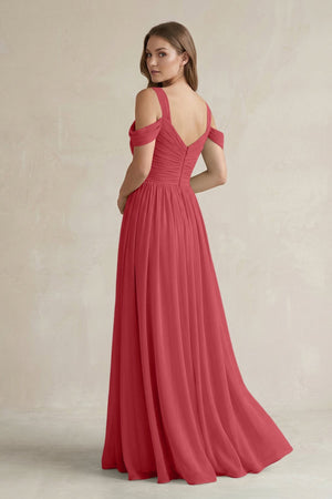 Off - the - Shoulder A - Line Chiffon Bridesmaid Dress With Slit in Merlot - KissProm Bridesmaid Dresses