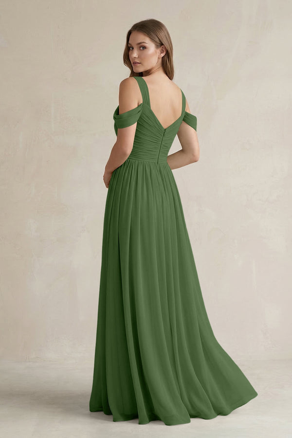 Off - the - Shoulder A - Line Chiffon Bridesmaid Dress With Slit in Moss - KissProm Bridesmaid Dresses