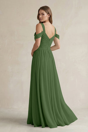 Off - the - Shoulder A - Line Chiffon Bridesmaid Dress With Slit in Moss - KissProm Bridesmaid Dresses