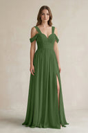 Off - the - Shoulder A - Line Chiffon Bridesmaid Dress With Slit in Moss - KissProm Bridesmaid Dresses