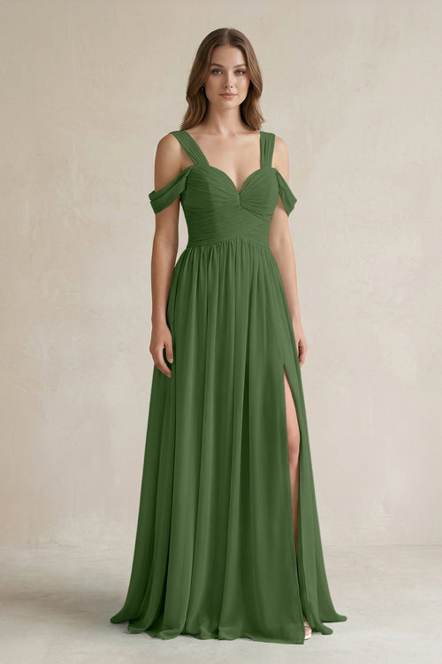 Off - the - Shoulder A - Line Chiffon Bridesmaid Dress With Slit in Moss - KissProm Bridesmaid Dresses