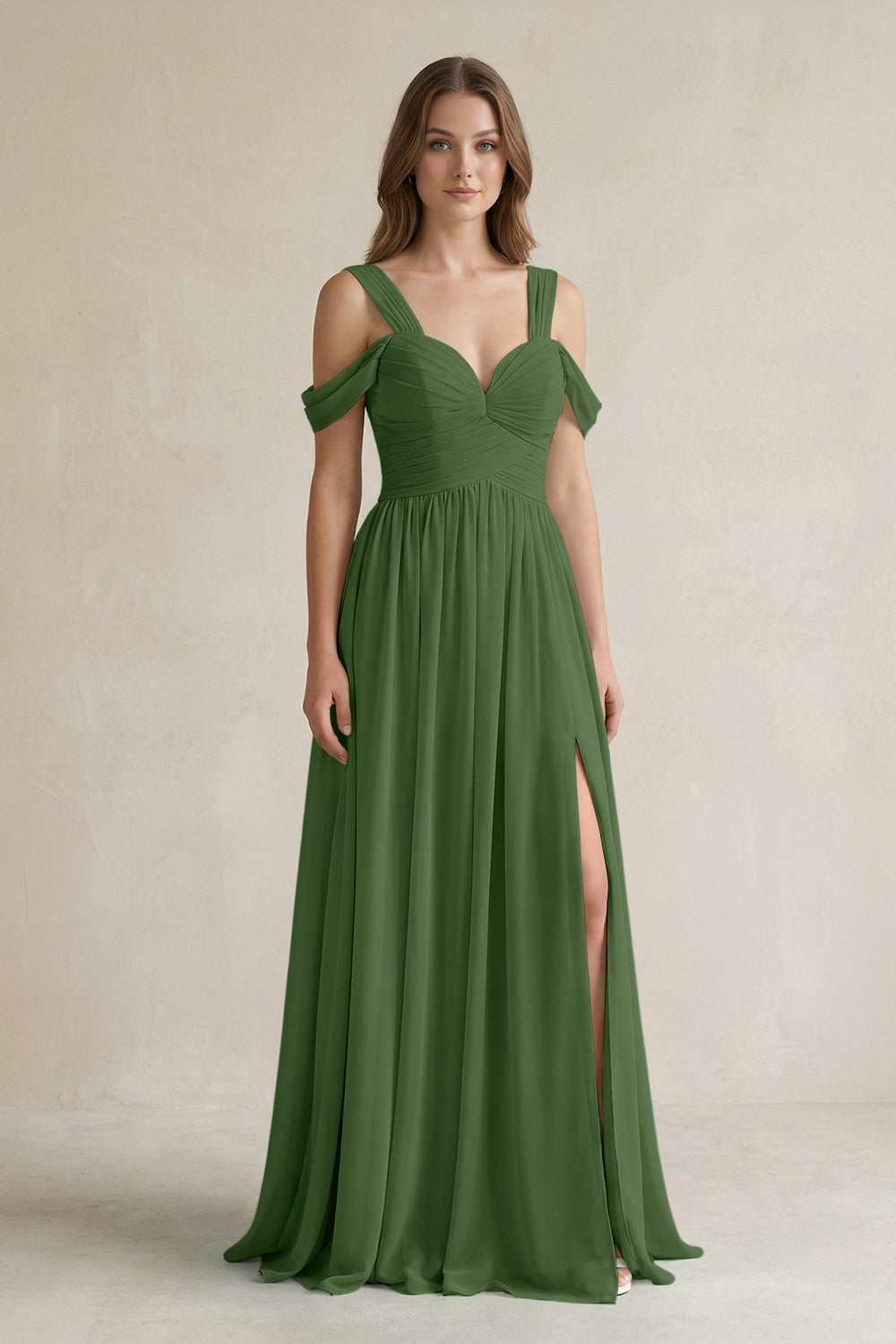Off - the - Shoulder A - Line Chiffon Bridesmaid Dress With Slit in Moss - KissProm Bridesmaid Dresses