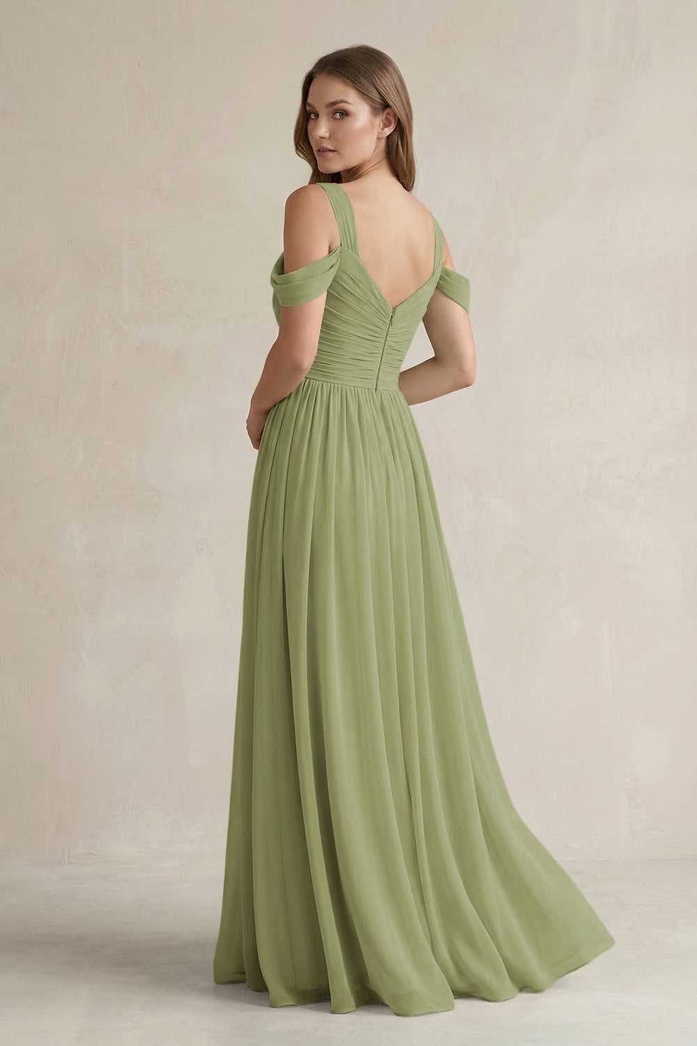 Off - the - Shoulder A - Line Chiffon Bridesmaid Dress With Slit in Moss Green - KissProm Bridesmaid Dresses