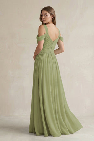 Off - the - Shoulder A - Line Chiffon Bridesmaid Dress With Slit in Moss Green - KissProm Bridesmaid Dresses