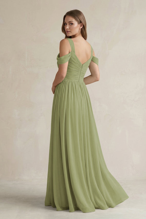 Off - the - Shoulder A - Line Chiffon Bridesmaid Dress With Slit in Moss Green - KissProm Bridesmaid Dresses