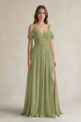 Off - the - Shoulder A - Line Chiffon Bridesmaid Dress With Slit in Moss Green - KissProm Bridesmaid Dresses