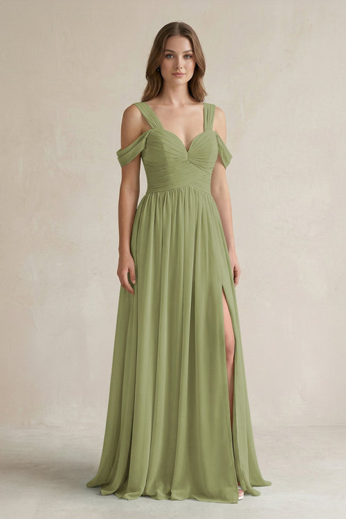 Off - the - Shoulder A - Line Chiffon Bridesmaid Dress With Slit in Moss Green - KissProm Bridesmaid Dresses
