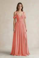 Off - the - Shoulder A - Line Chiffon Bridesmaid Dress With Slit in Mulberry - KissProm Bridesmaid Dresses