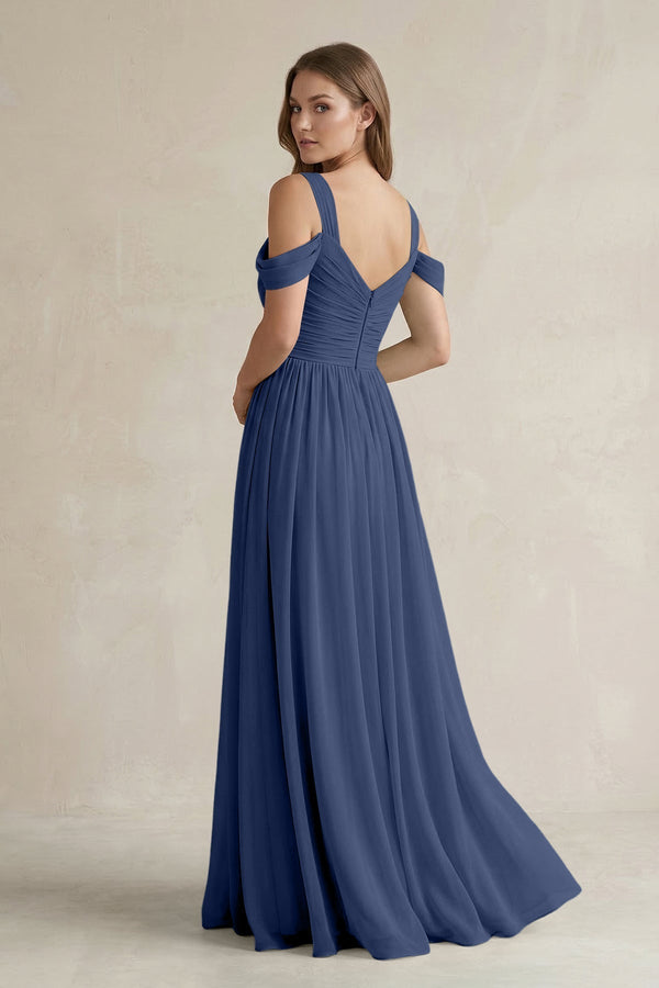 Off - the - Shoulder A - Line Chiffon Bridesmaid Dress With Slit in Navy - KissProm Bridesmaid Dresses