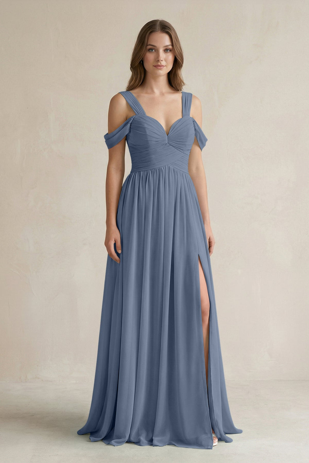Off - the - Shoulder A - Line Chiffon Bridesmaid Dress With Slit in Neptune - KissProm Bridesmaid Dresses