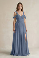 Off - the - Shoulder A - Line Chiffon Bridesmaid Dress With Slit in Neptune - KissProm Bridesmaid Dresses