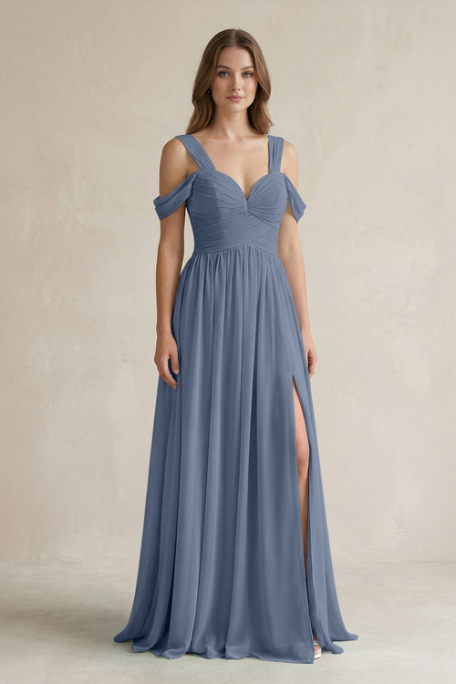 Off - the - Shoulder A - Line Chiffon Bridesmaid Dress With Slit in Neptune - KissProm Bridesmaid Dresses