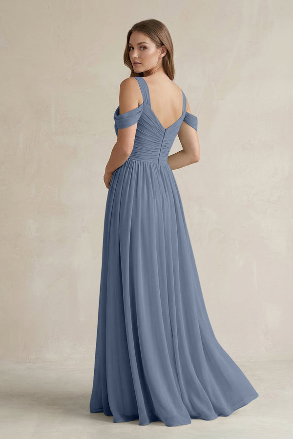 Off - the - Shoulder A - Line Chiffon Bridesmaid Dress With Slit in Neptune - KissProm Bridesmaid Dresses