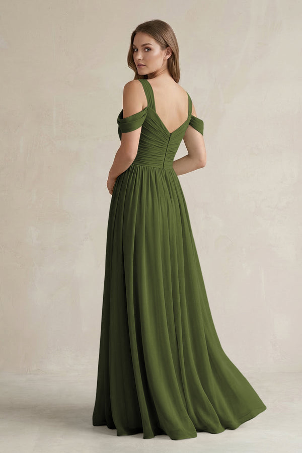 Off - the - Shoulder A - Line Chiffon Bridesmaid Dress With Slit in Olive - KissProm Bridesmaid Dresses
