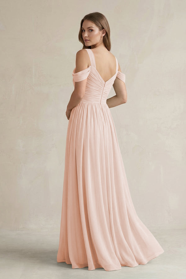 Off - the - Shoulder A - Line Chiffon Bridesmaid Dress With Slit in Pale Blush - KissProm Bridesmaid Dresses
