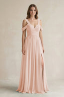 Off - the - Shoulder A - Line Chiffon Bridesmaid Dress With Slit in Pale Blush - KissProm Bridesmaid Dresses