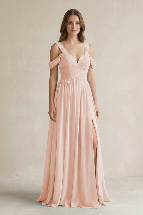 Off - the - Shoulder A - Line Chiffon Bridesmaid Dress With Slit in Pale Blush - KissProm Bridesmaid Dresses