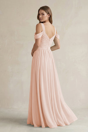 Off - the - Shoulder A - Line Chiffon Bridesmaid Dress With Slit in Pale Blush - KissProm Bridesmaid Dresses