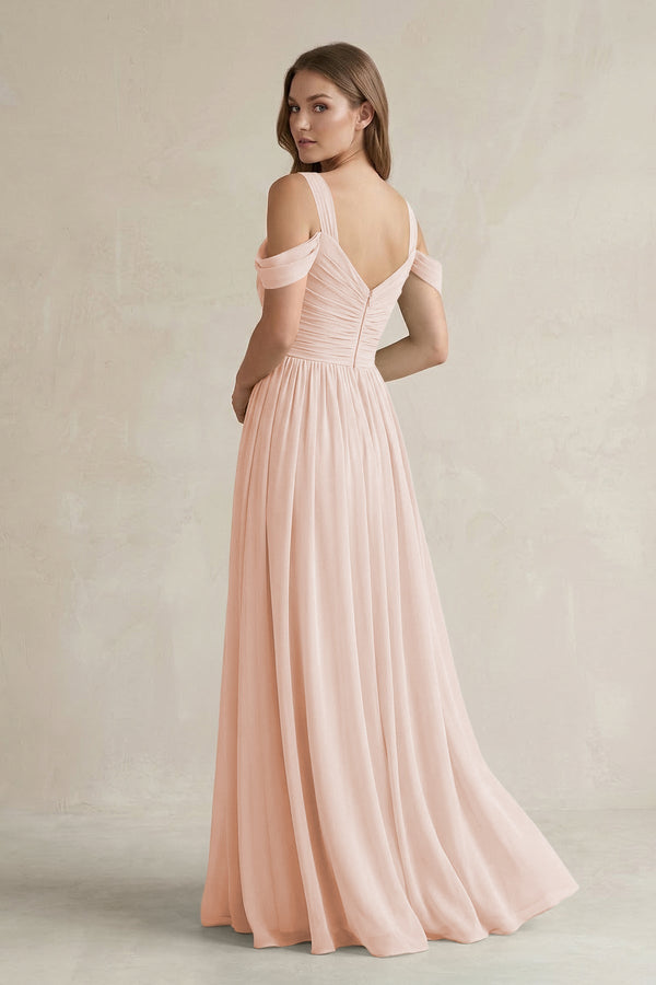 Off - the - Shoulder A - Line Chiffon Bridesmaid Dress With Slit in Pale Blush - KissProm Bridesmaid Dresses