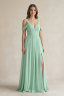 Off-the-Shoulder A-Line Chiffon Bridesmaid Dress With Slit in Pale Pistachio - KissProm BRIDESMAID DRESSES