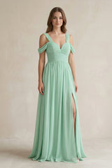 Off-the-Shoulder A-Line Chiffon Bridesmaid Dress With Slit in Pale Pistachio - KissProm BRIDESMAID DRESSES